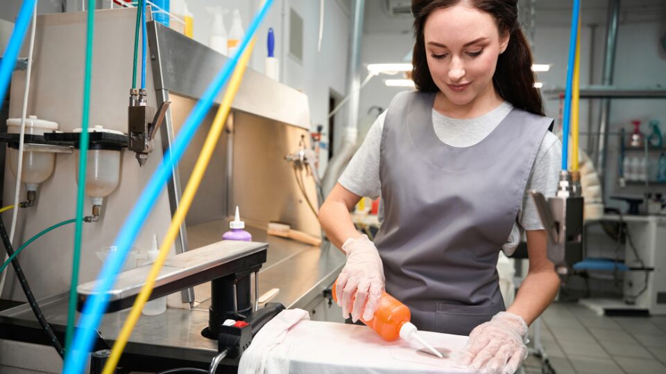 Dry-cleaning operator adding solvent to spots, treating clothes before cleaning