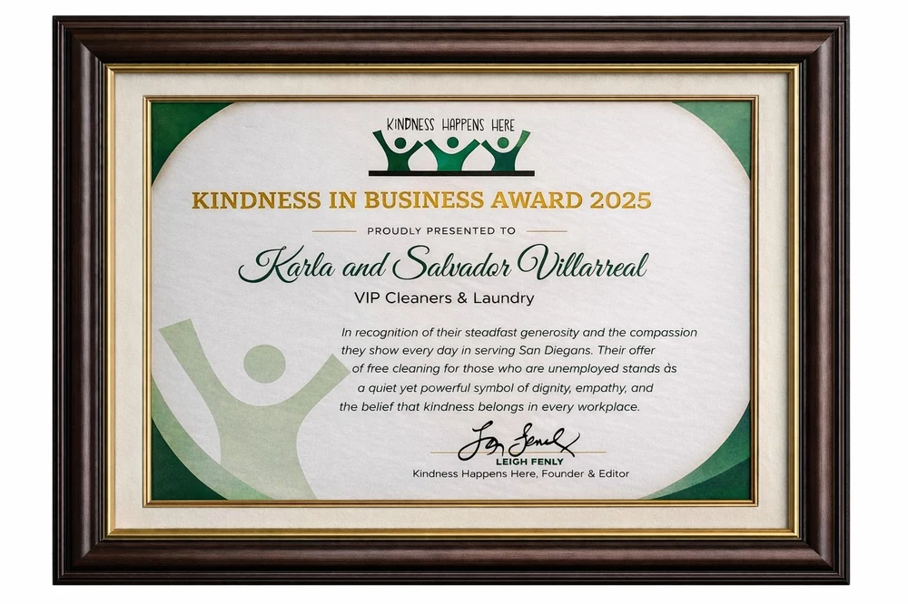 Kindness in Business Award 2025 presented to Karla and Salvador Villarreal of VIP Cleaners and Laundry San Diego