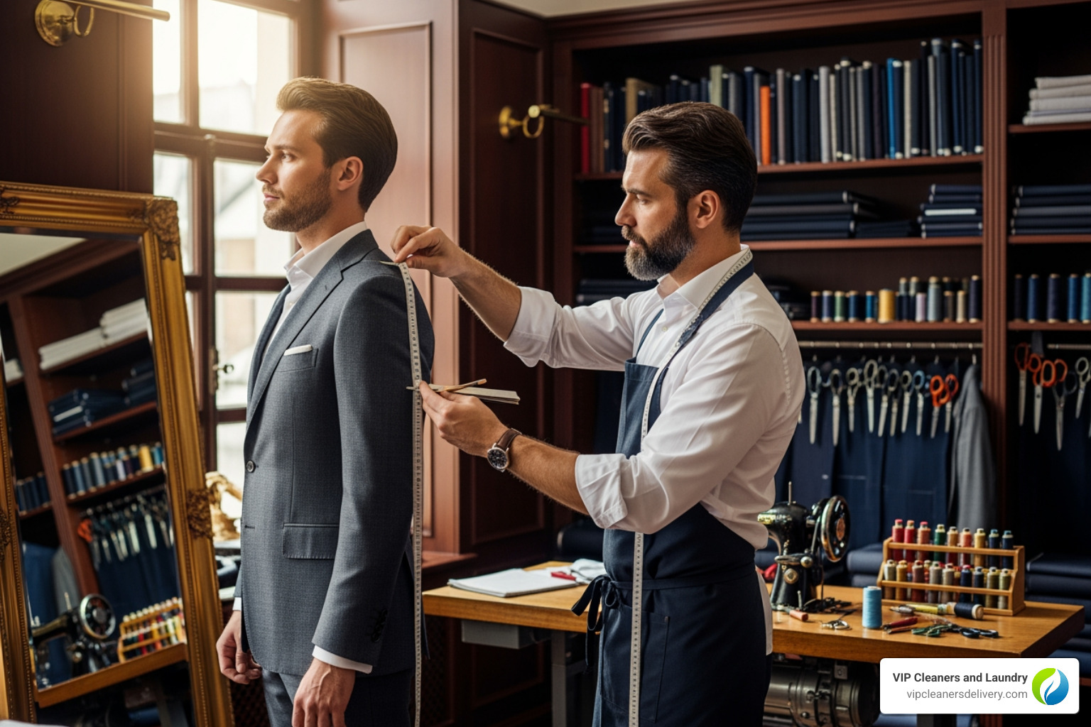 tailor measuring a suit jacket - clothing alterations san diego